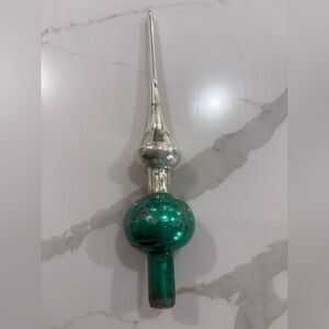 Vintage Glass Christmas Tree Topper Green Silver Finial Mid Century Decor
